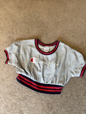 Champion Gray Cropped sweater top with Red & Navy Trim